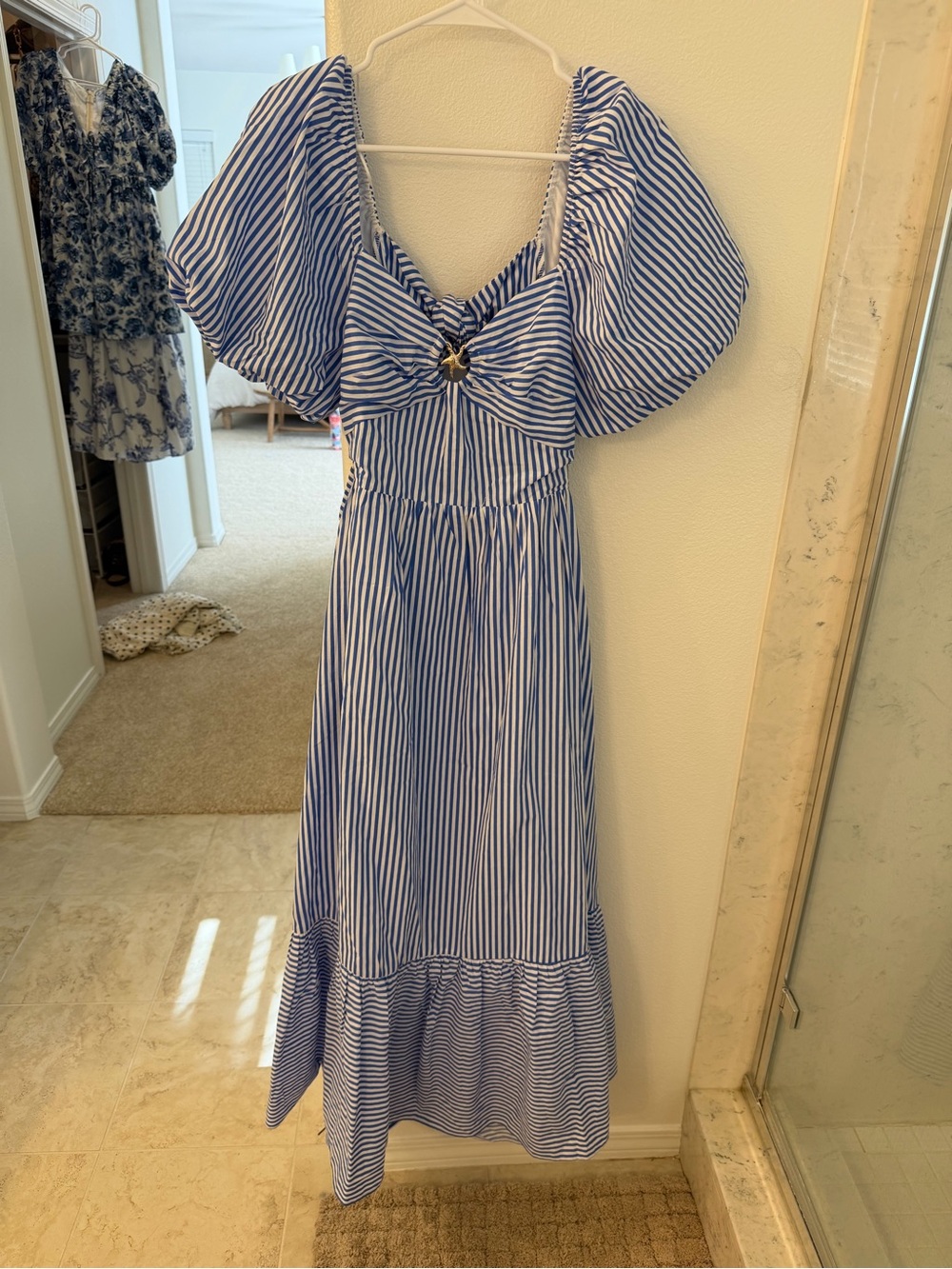 English Factory Blue and White Striped Maxi Dress with Puff Sleeves